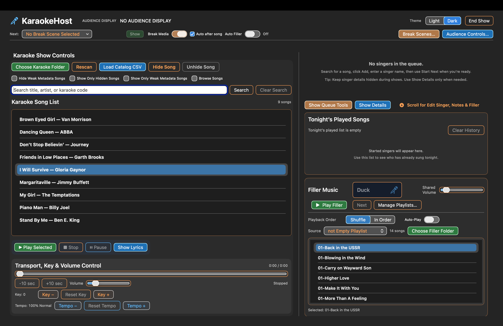 KaraokeHost Singer Queue and Filler Music controls