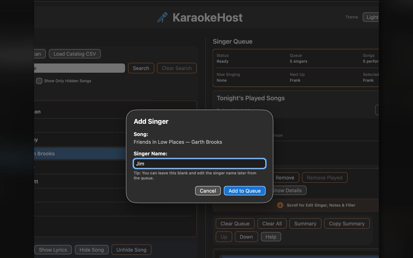 KaraokeHost add singer dialog