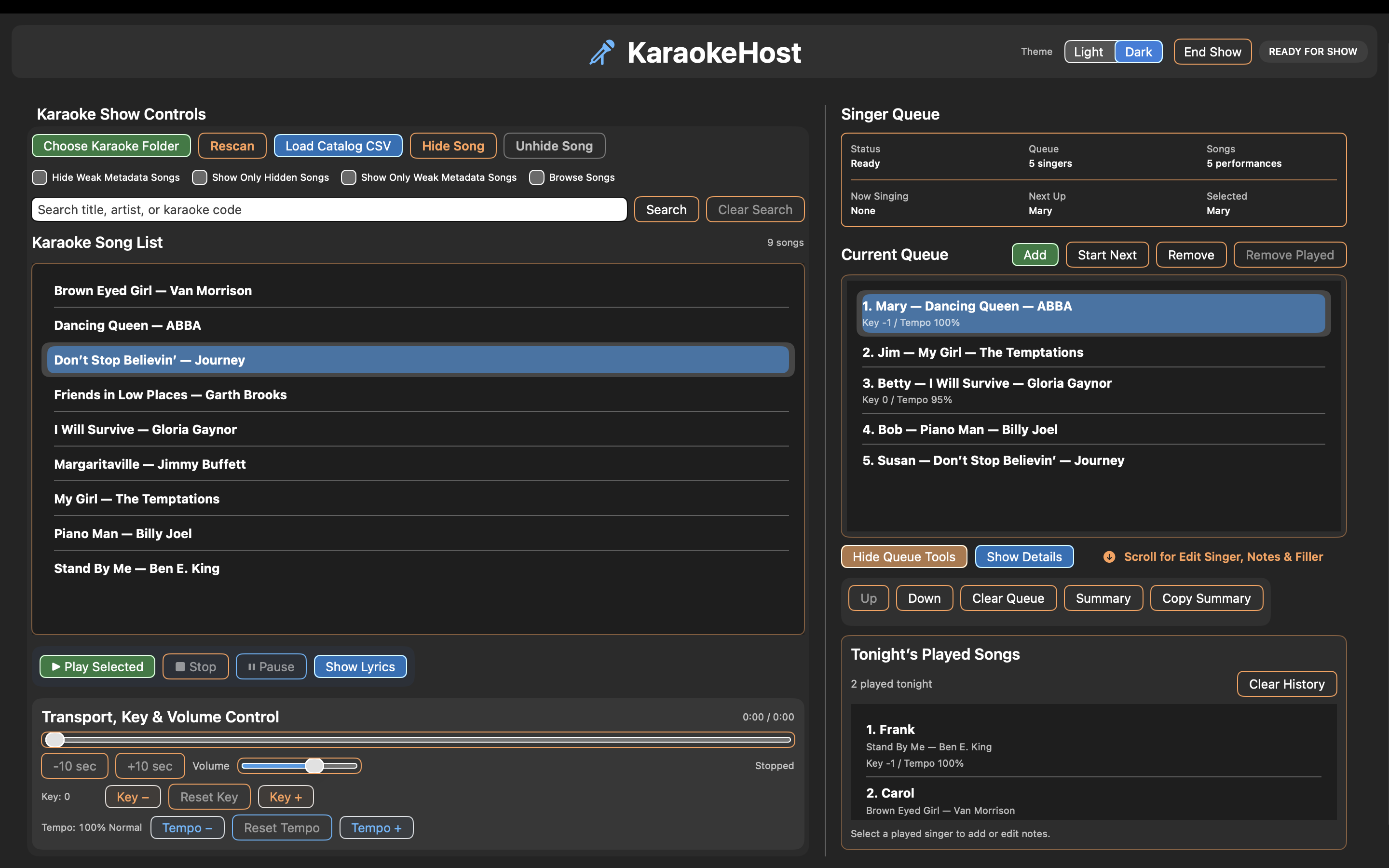 KaraokeHost main show screen on macOS
