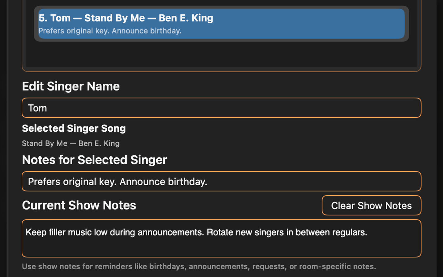 KaraokeHost edit singer, singer notes, and show notes