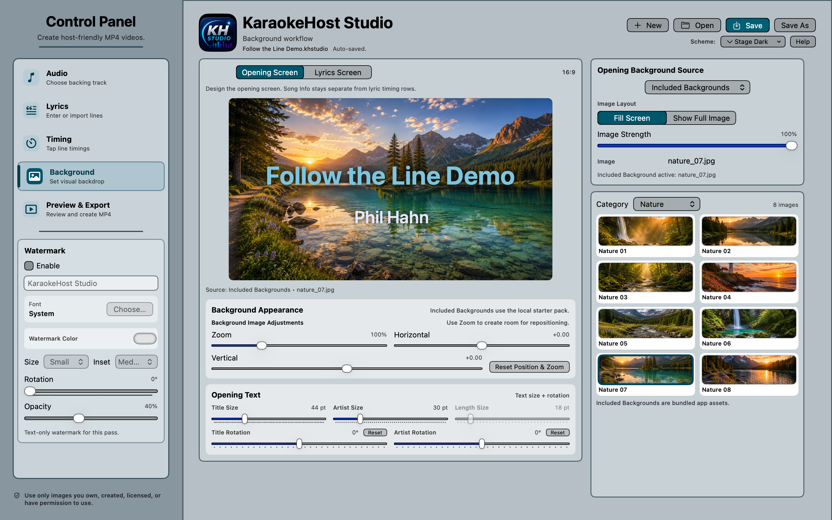 KaraokeHost Studio opening screen background editor