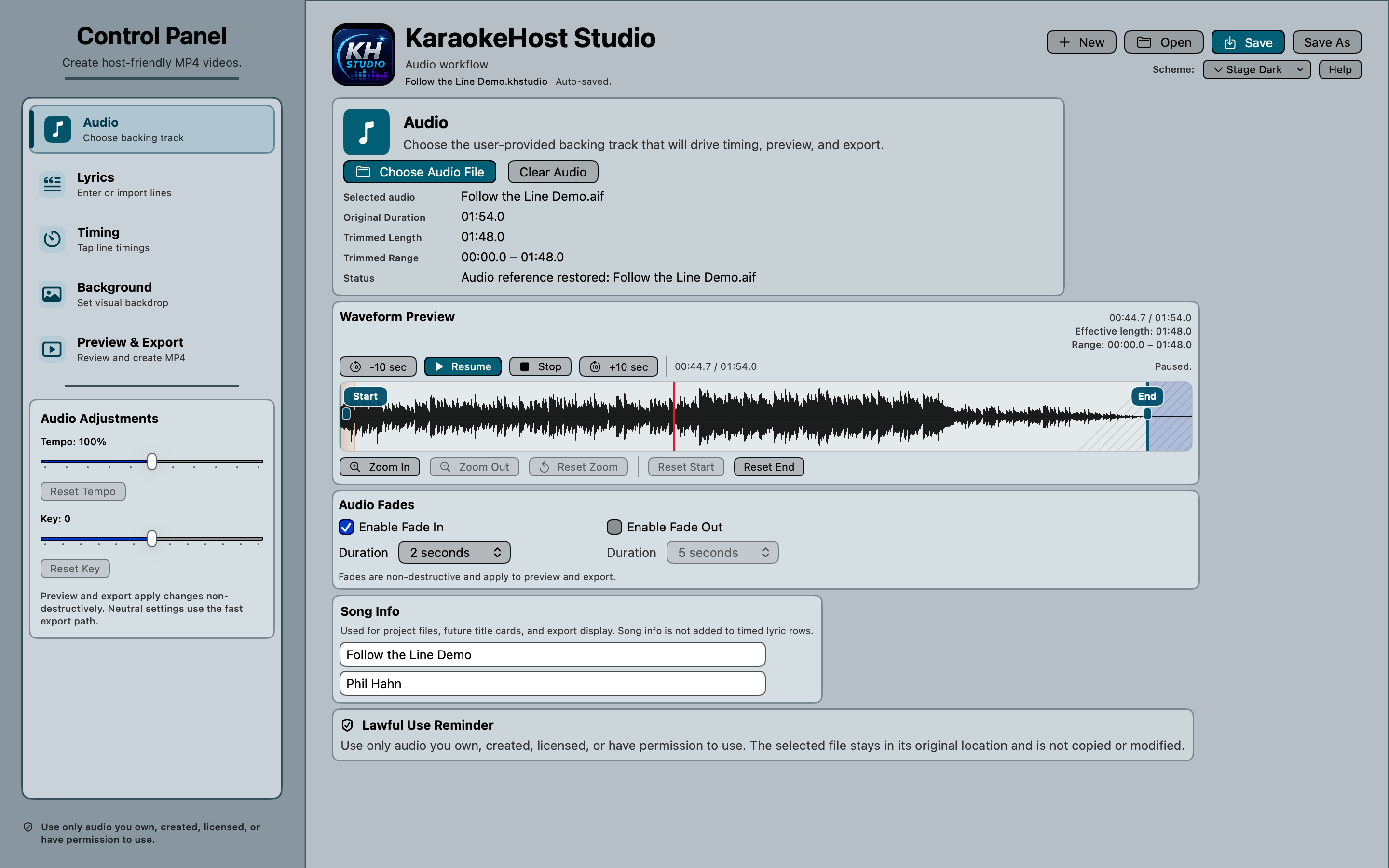 KaraokeHost Studio audio waveform screen